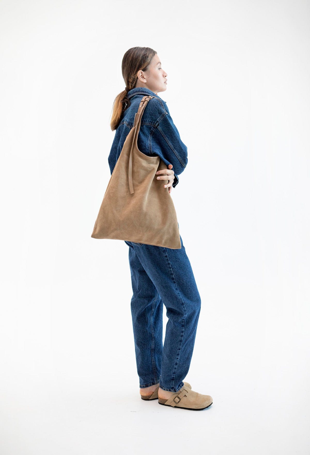 Geantă dama piele naturală de căprioară Étape La Poche Grand Suede Biscotto