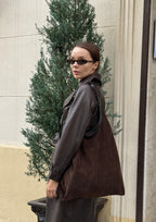 Geantă dama piele naturală de căprioară Étape La Poche Grand Suede Chocolate