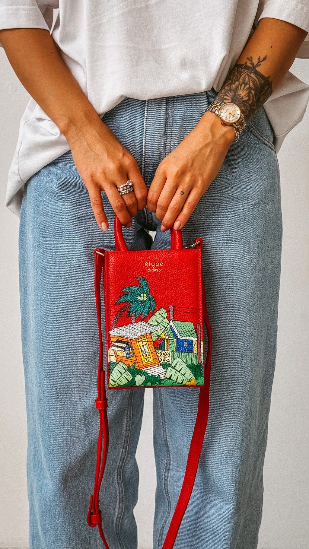 Geantă piele naturală Ètape X Sagaboi Hand Painted MIMI Bag Red Limited Edition